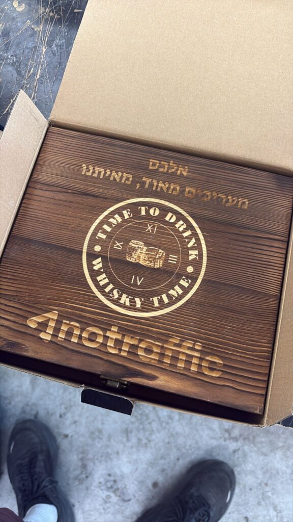 מתנות ממותגות לעובדים לחגים: מארז עץ עם הלוגו Time To Drink לעובדי Anotraffic