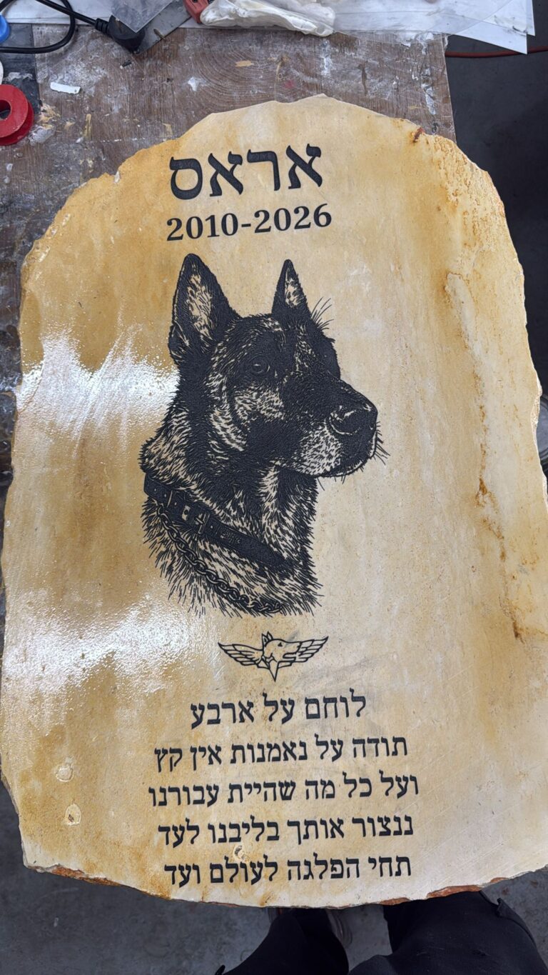 חריטה של דיוקן כלב לאראס למצבה