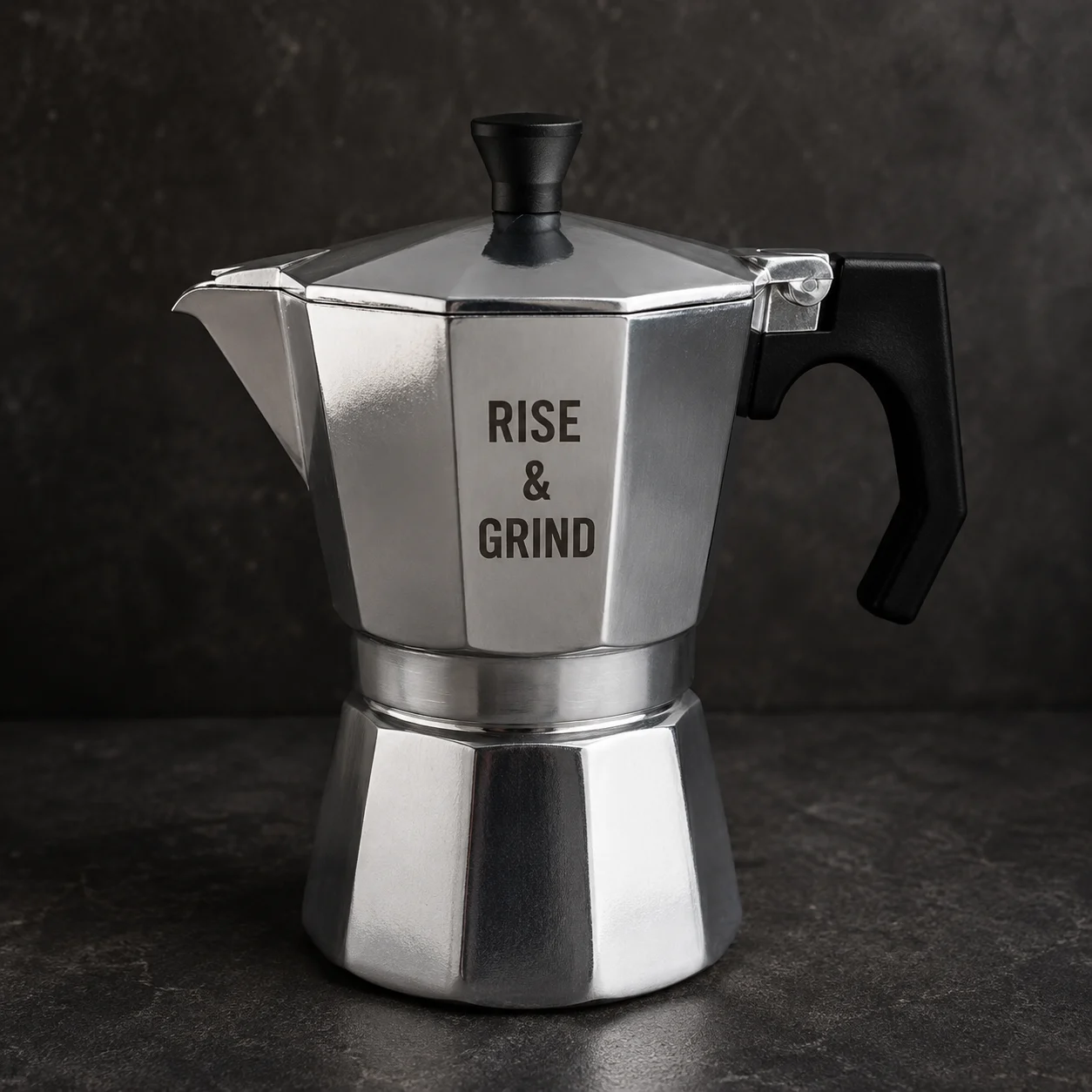 מקינטה עם חריטה RISE AND GRIND